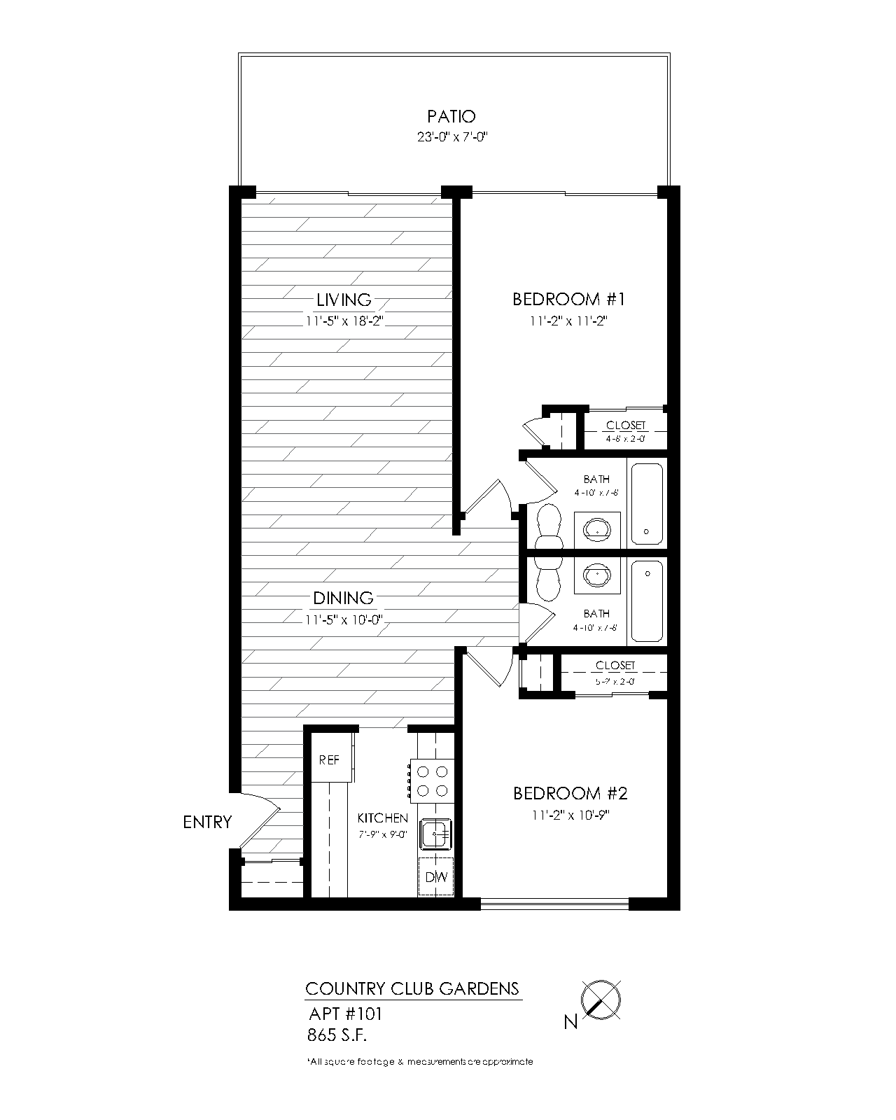 Floor plan for 2 beds, 2 baths, 865 sqft